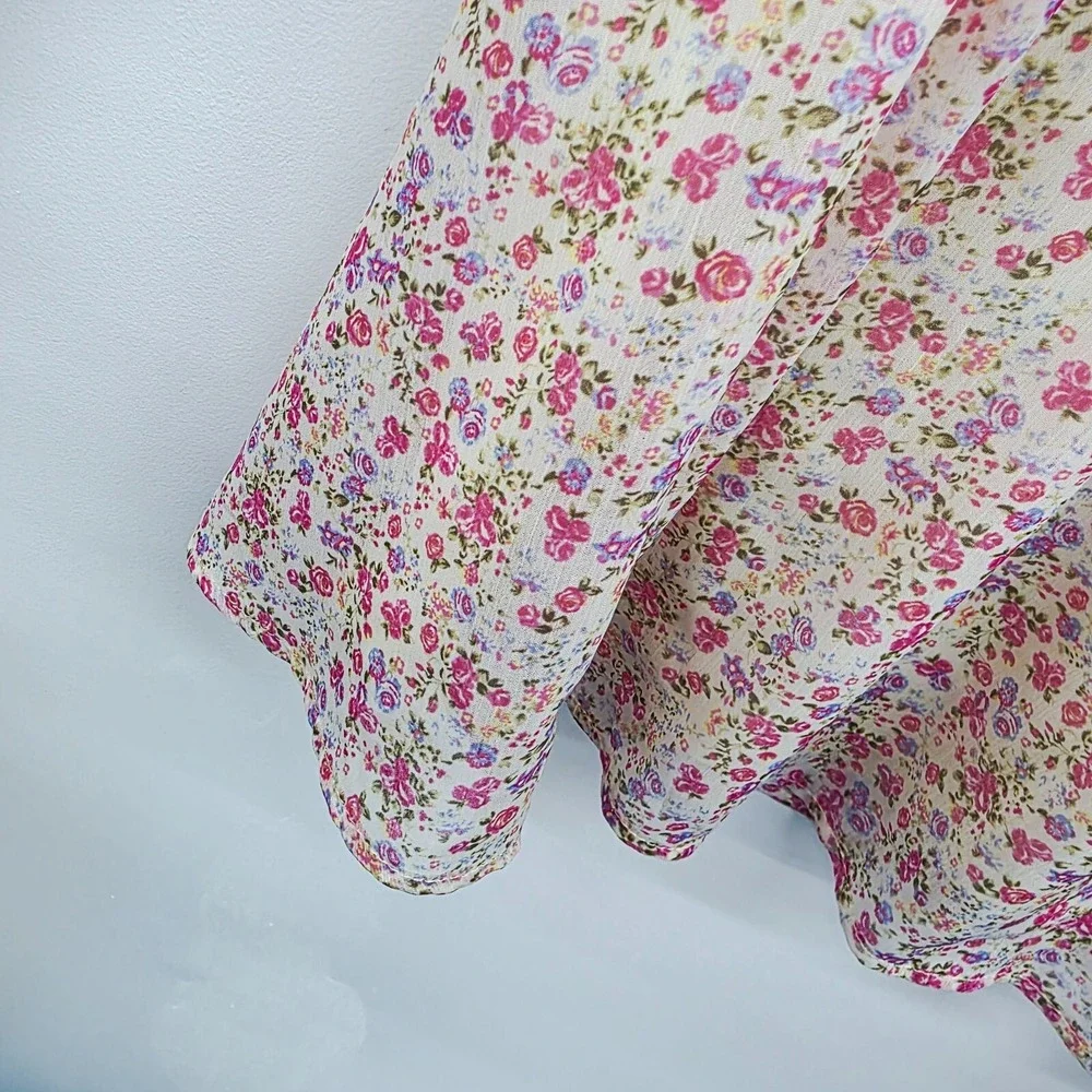 Pink Lily Floral Chiffon Babydoll Long‎ Bell Sleeve V Neck Top Womens L Boho